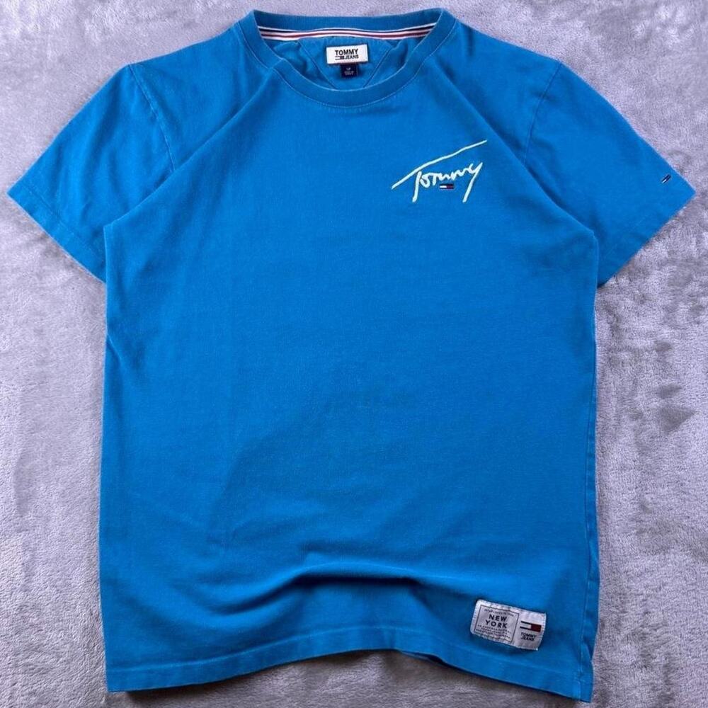 Vintage Y2K Tommy Hilfiger Tommy Jeans T-Shirt Mens S Teal Script Logo Preppy